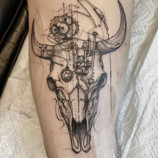 Bull skull tattoo with a biomechanical twist