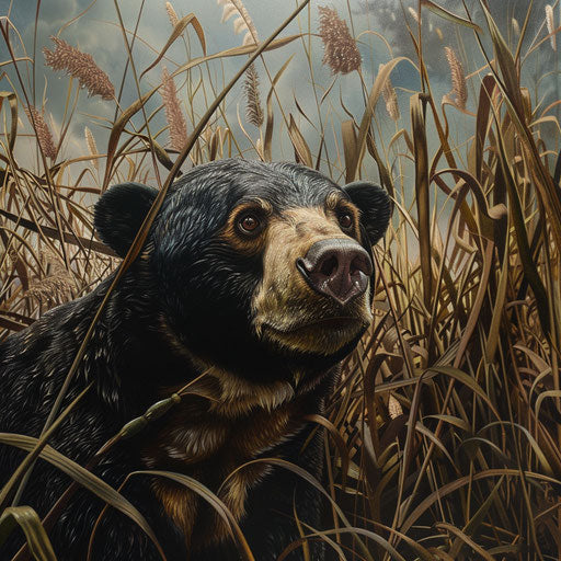 Sun bear in a field of tall grasses