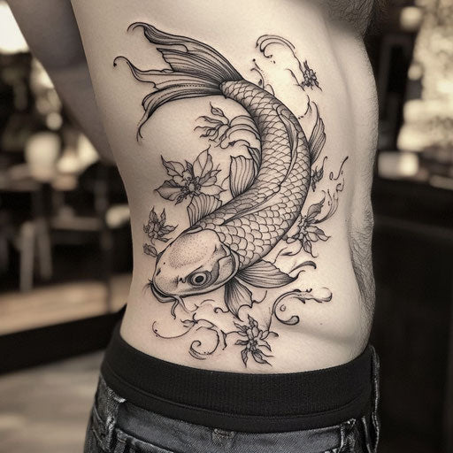 family tattoos for men, a koi fish swimming against the current with family symbols, in the style of Maria Sibylla Merian