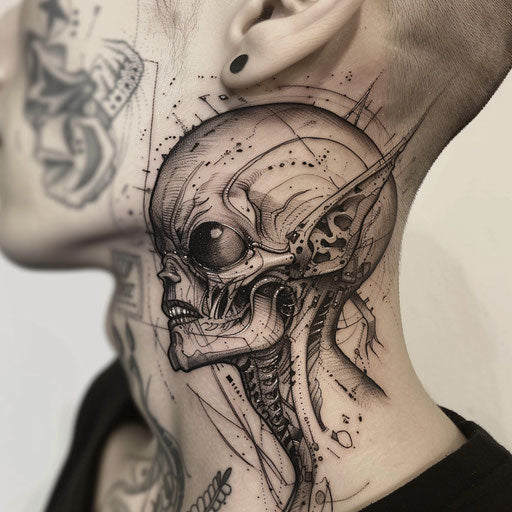 Side neck tattoos with an alien, in Humberto Ramos style