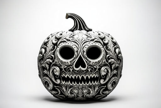 Ornate Halloween pumpkin, black and white ink drawing style