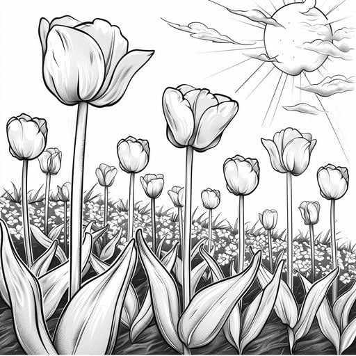 Field of blooming tulips under a bright sun