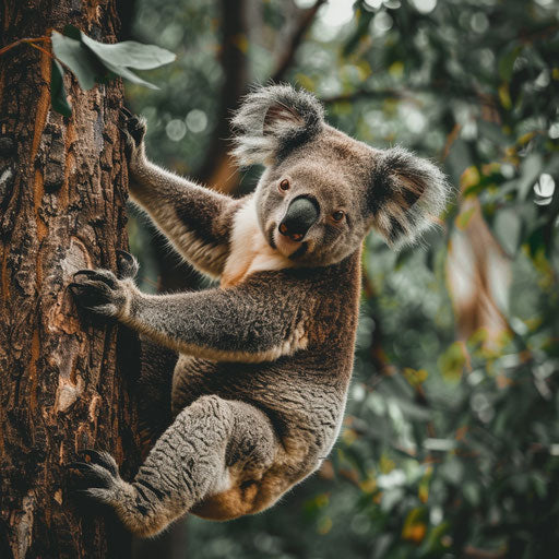 Koala climbing tree, dynamic angle, vibrant natural background