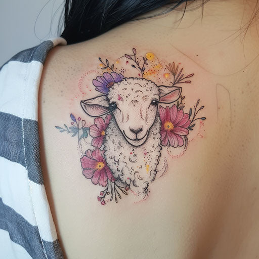 Elegant flat tattoo sketch with watercolor effects of a sheep among spring flowers