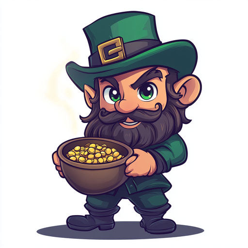 Leprechaun with pot of gold, white background, clipart style