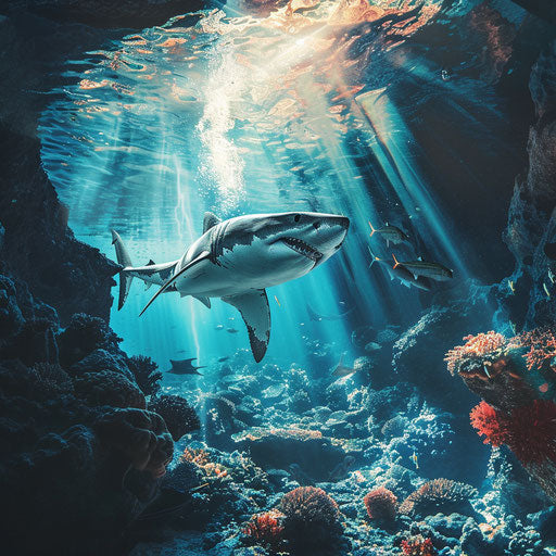 Great white shark patrols near an underwater cave