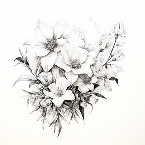 Drawing of flowers, black and white, tattoo-inspired style