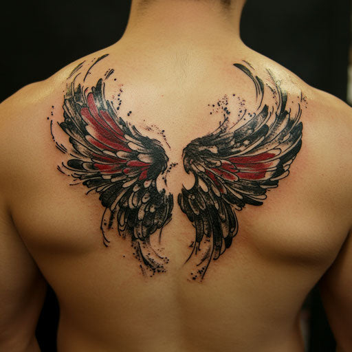 Back wings tattoo with modern abstract wings, Ami James style