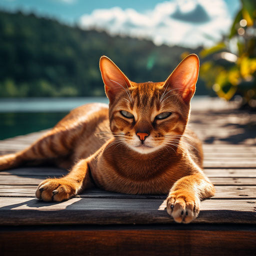 Abyssinian cat lounging on a dock