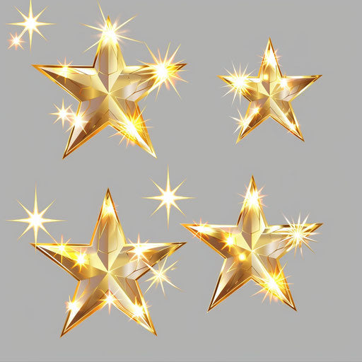 Three golden stars on transparent background, xing xing style, anime, yellow, sparkling, simple form