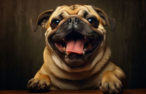 Pug dog sitting with tongue out on the floor