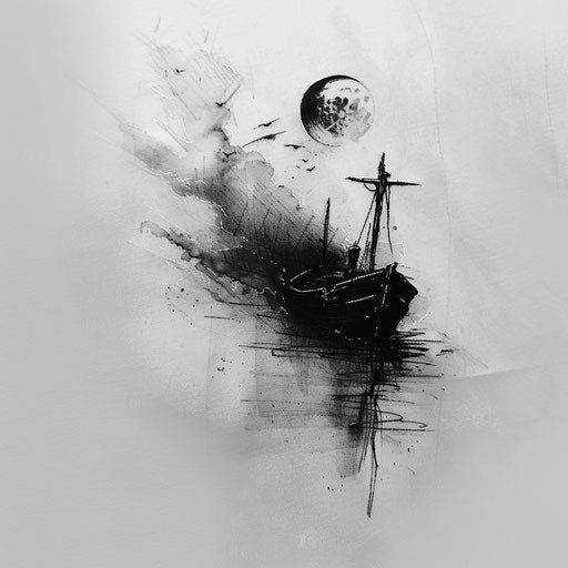 Gothic flat tattoo sketch of a ghostly boat on a foggy, moonlit night