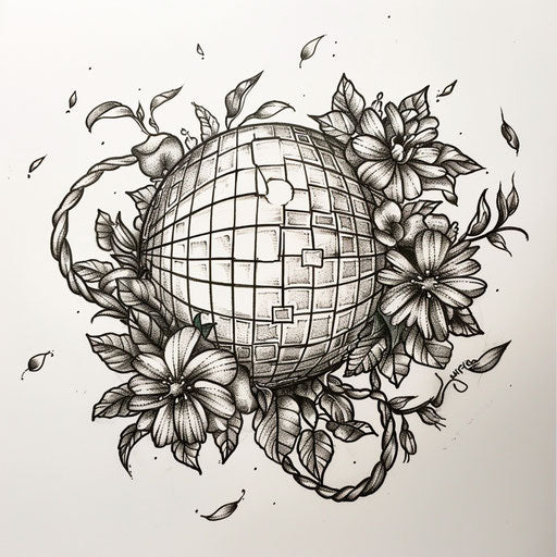 Botanical disco ball tattoo sketch with flowers and vines