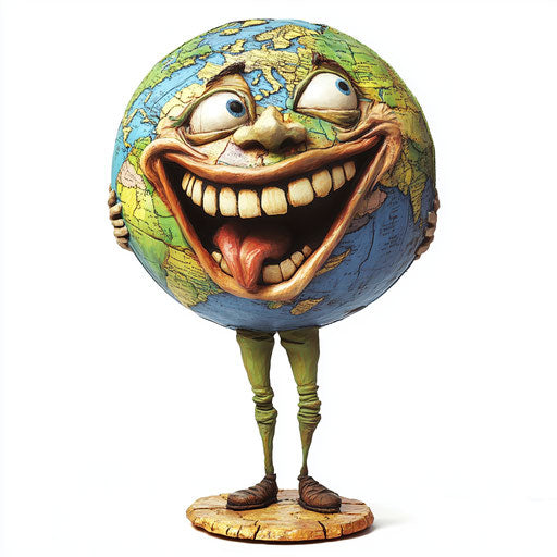Humorous caricature of a globe with exaggerated human characteristics