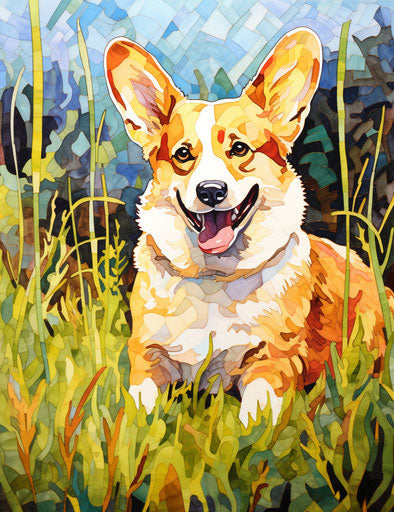 A corgi sitting on grass, bold outline style