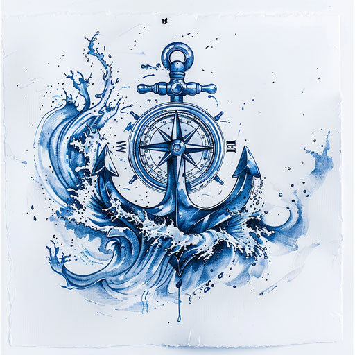 Nautical tattoo design of anchor and compass surrounded by waves, in classic navy blue, on white background