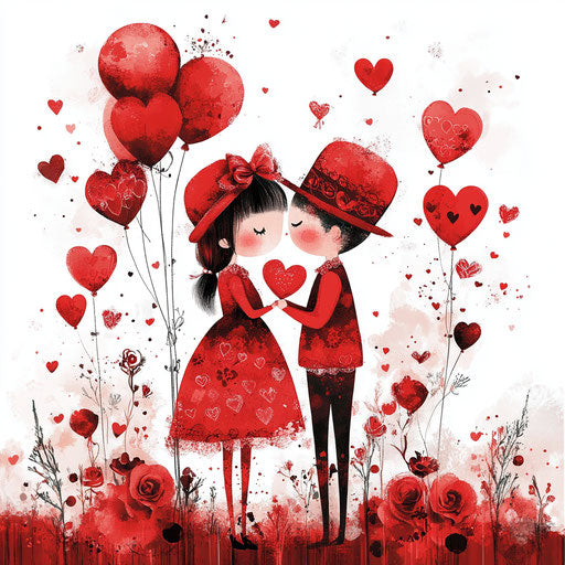 Valentine's Day digital illustration clipart, loving couple in red costumes and hats, hearts, balloons, roses, decorations on white background with red colors