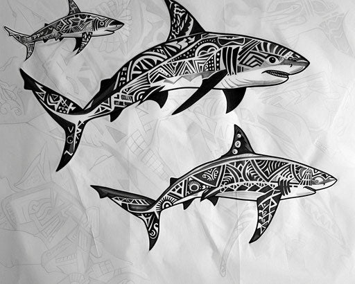 Three sharks drawn in stylized motifs