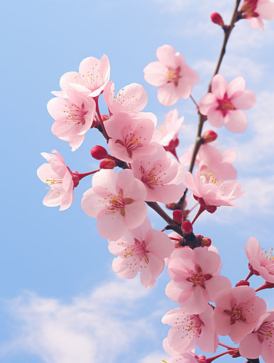 Pink blossoms and blue sky on white background, dark maroon and light green style
