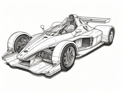 Race car coloring page in circuitry style, blown-off-roof perspective, simon birch, ilford delta, provia, full body, brothers hildebrandt 4:3