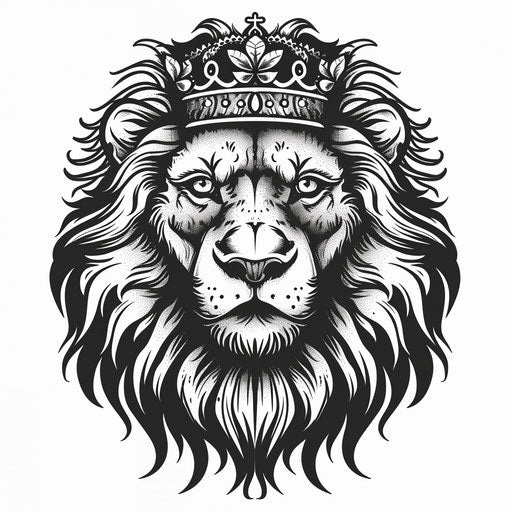 Bold graphic lion with crown in flat tattoo sketch style