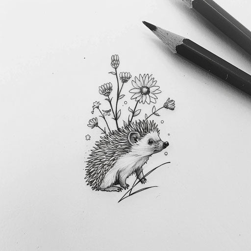 Monochrome tattoo sketch featuring a hedgehog with minimalist design elements