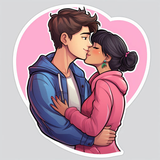 People loving each other stickers, girl and guy kissing in cartooncore style