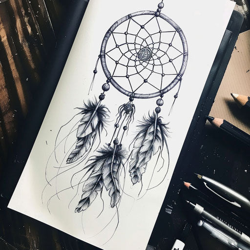 Drawing of Native American dreamcatcher tattoo with feathers and beads