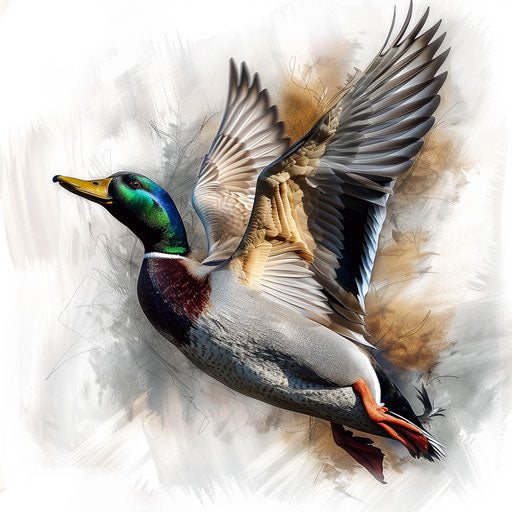 Hyper-realistic duck in flight, tattoo fine details, natural colors