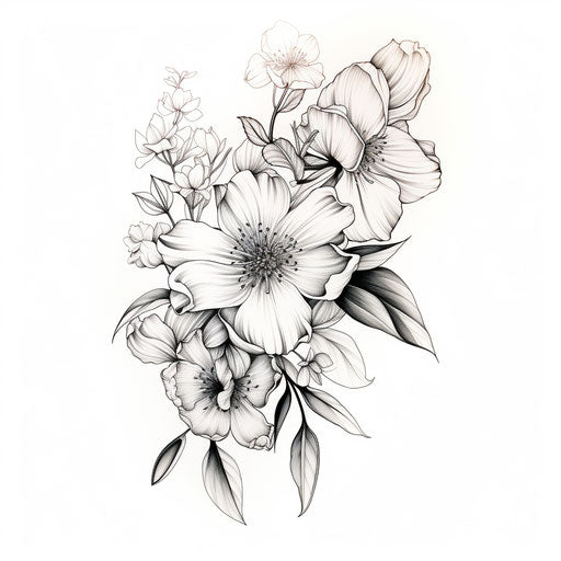 Black and white flowers, tattoo style, hazy romanticism
