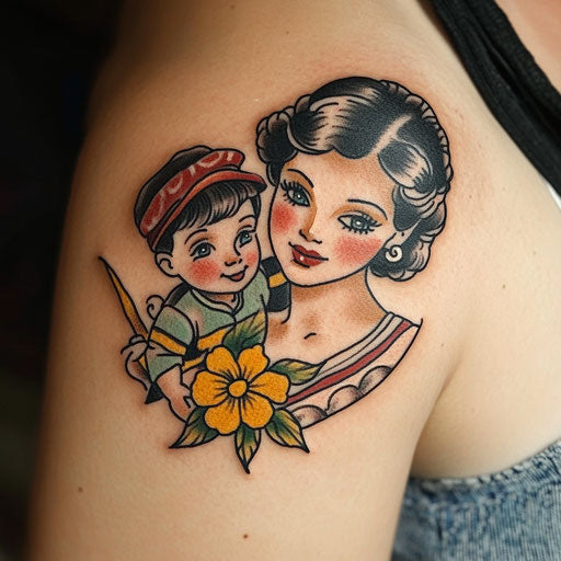 Mother and son tattoos with classic pin-up style on chest