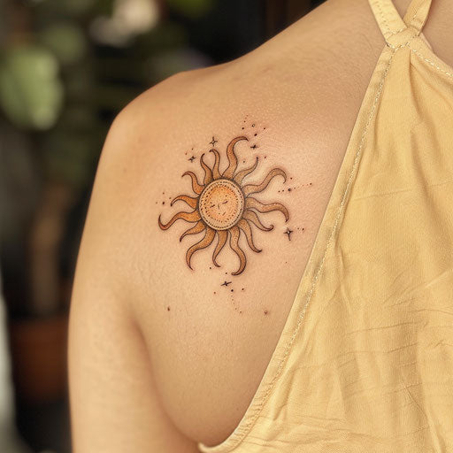 Simple tattoo of a tiny sun, in the style of Maria Sibylla Merian, on the scapula