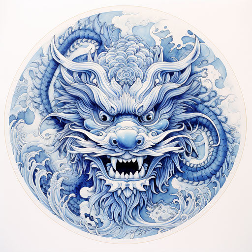 Blue dragon in kawaiipunk style, tattoo, bamileke art, porcelain