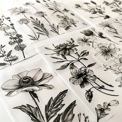 Spread of wildflower tattoos in black and grey style