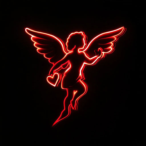 Red lit silhouette of Cupid with heart and bow on black background