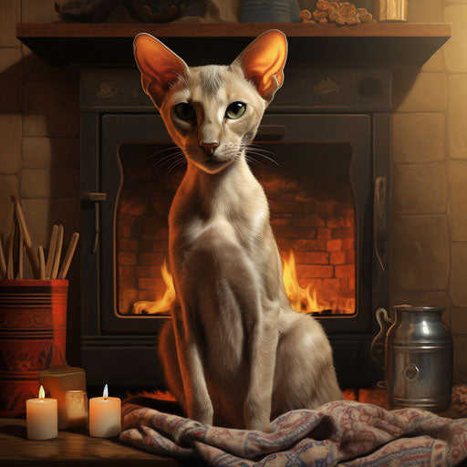 Oriental shorthair cat by a fire in a fireplace
