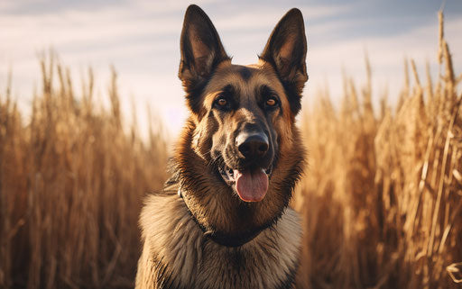 German Shepherd Dog in Field, Distinct Facial Features, Dark Navy and Light Brown