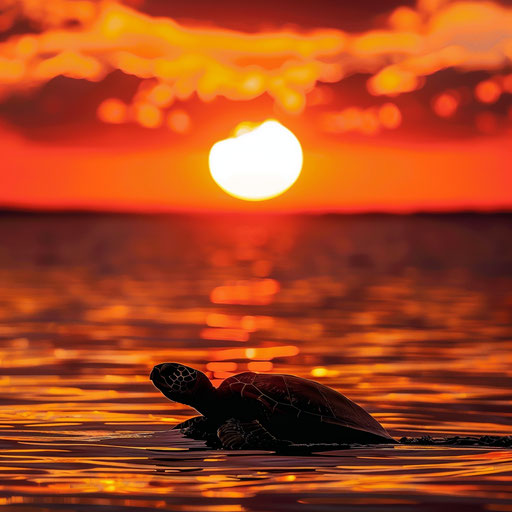 Sea turtle silhouette against a vibrant sunset