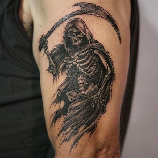 Tattoo of a fearsome reaper in black and gray on white background