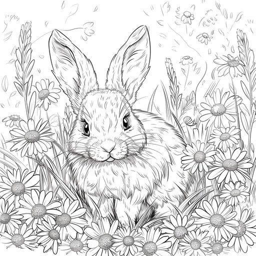 A cute bunny hopping in a field of daisies