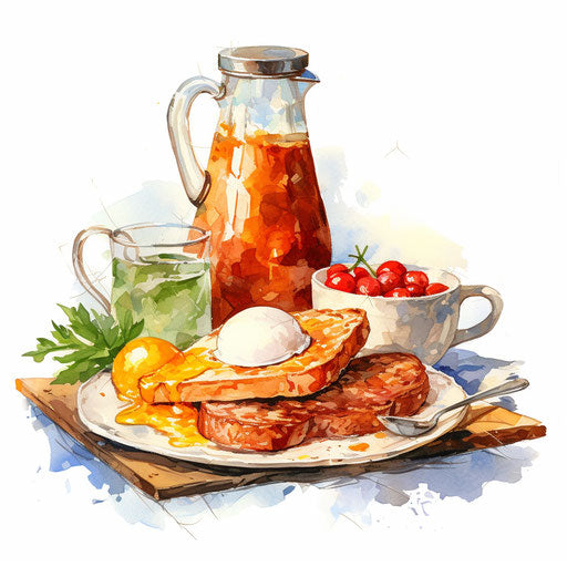 Breakfast clipart in Oil painting style, on white background