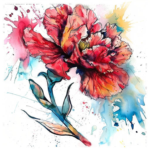 Vibrant carnation tattoo design with watercolor effects on plain white background