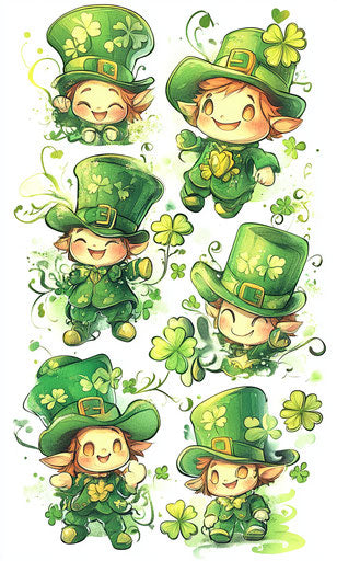 St. Patrick's Day Leprechaun clipart on white background with happy hat-wearing leprechauns in sticker art style