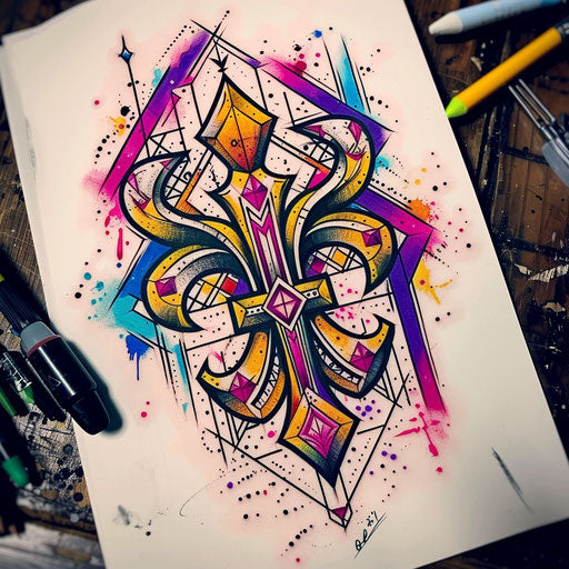 Modern tattoo sketch of a fleur de lis with geometric patterns and bright neon colors