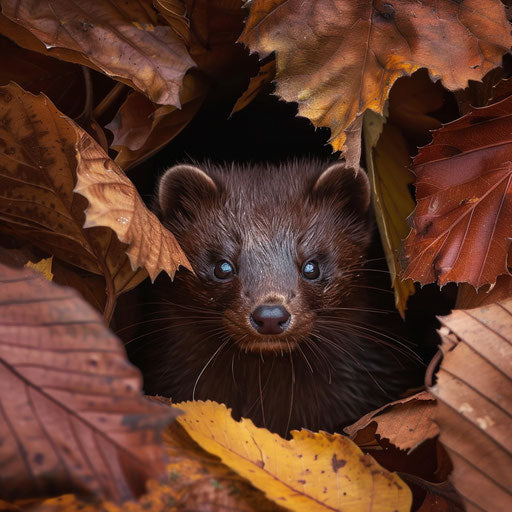 Mink hidden among autumn leaves