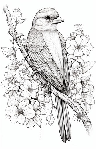 Bird on a branch with flowery coloring pages