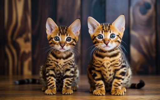 Bengal kittens sitting on a wooden floor