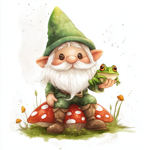 Cute gnome holding a frog on a green mushroom
