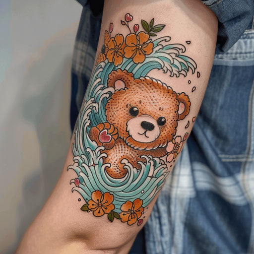 Japanese-inspired teddy bear with waves and cherry blossoms