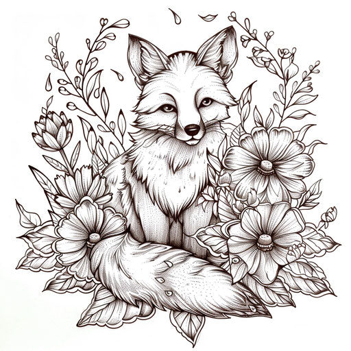 Whimsical fox surrounded by flowers and leaves